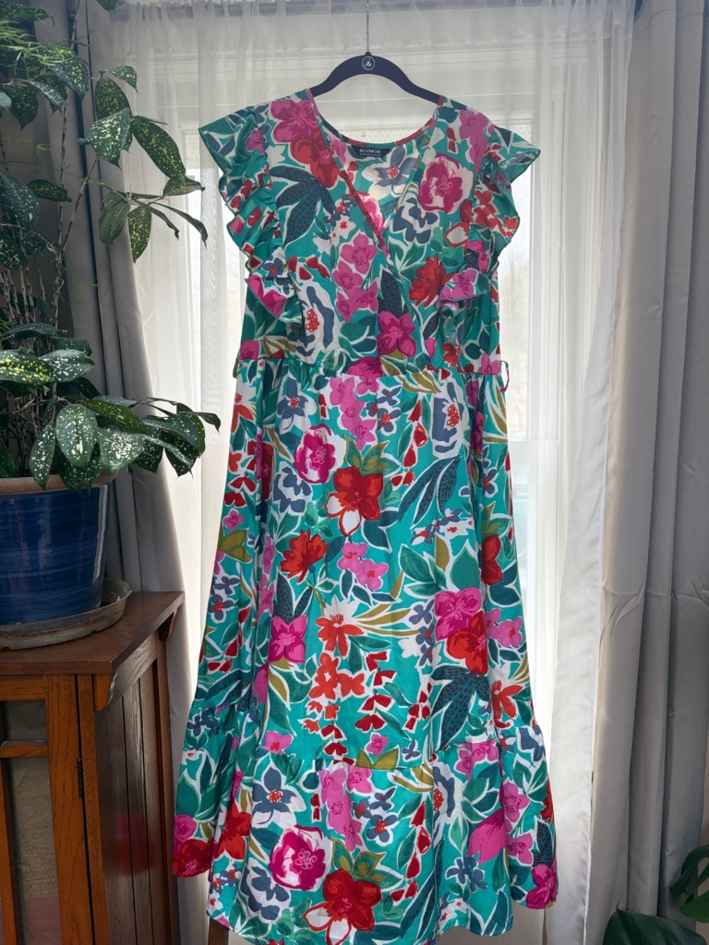BloomChic Teal Maxi Dress with Pink and Red Floral Print